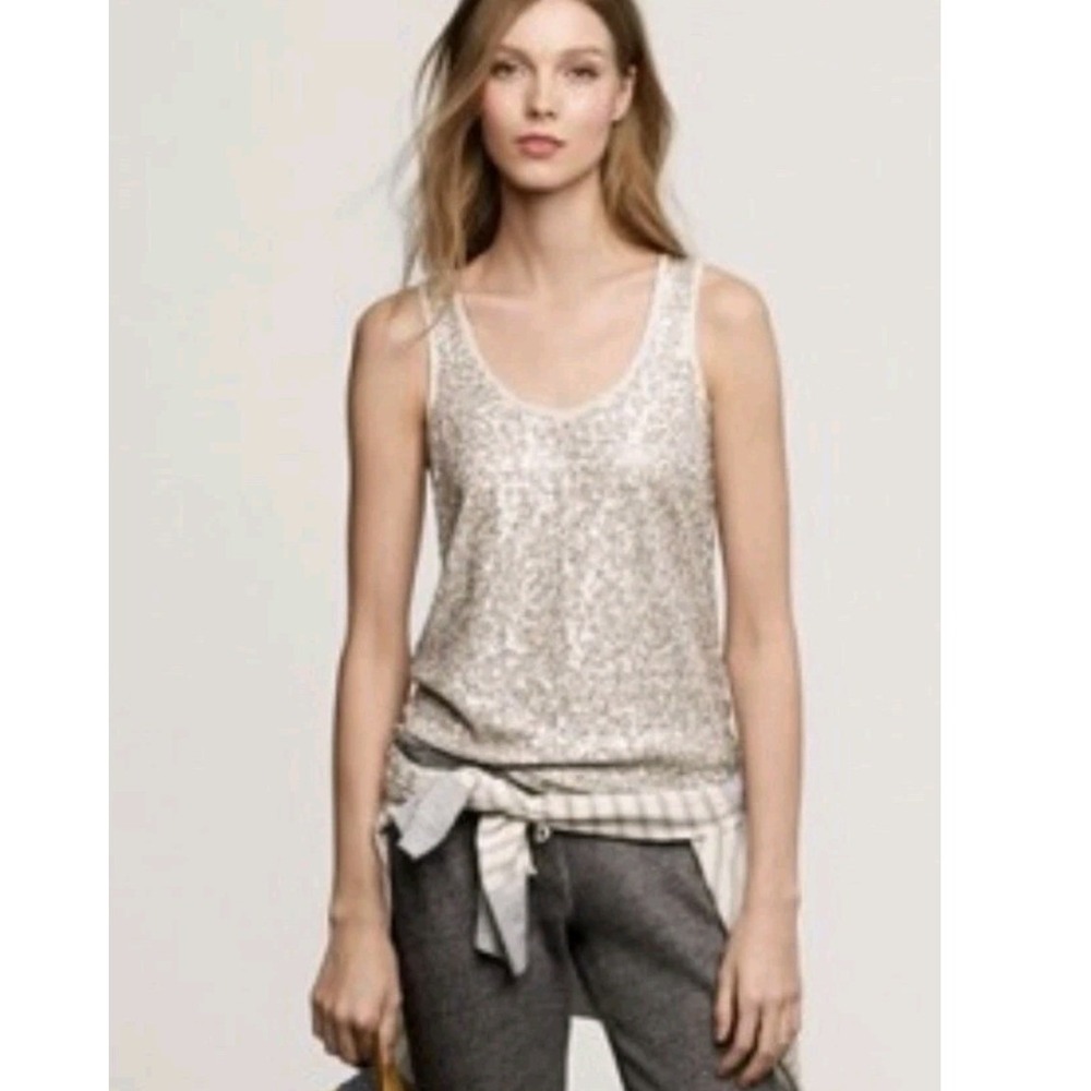 J.Crew Champagne Silver Sequin Scoop Neck Tank Top L Sleeveless Sparkleā NWOT